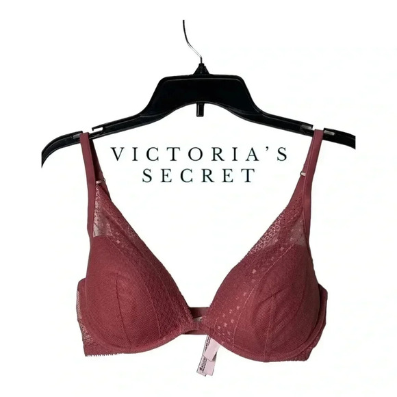 1304. INCREDIBLE‎ BY VICTORIA’S SECRET PLUNGE LIGHTLY PADDED BRA LACE BLUSH PINK - Picture 1 of 7